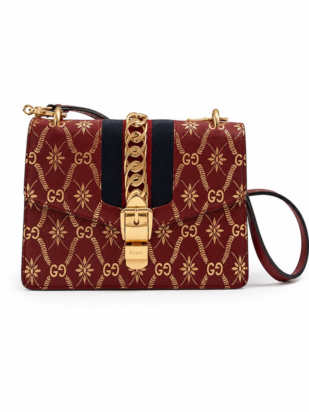 Gucci Red GG Blooms Shoulder Bag with Gold Chain Accent